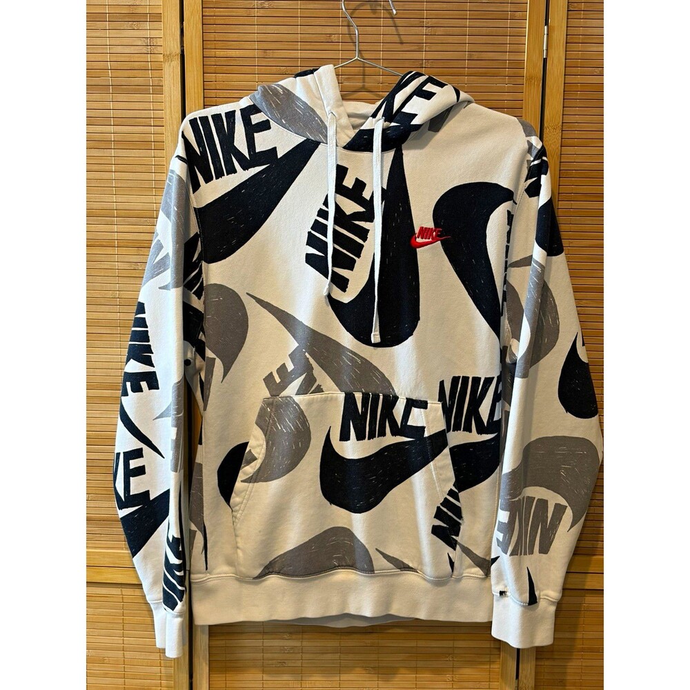 Nike Men's S White/Black/Gray Fleece Pullover Hoodie All-Over Logo Print